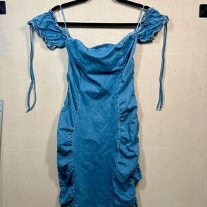 Fashion Nova Somebody Else Denim Mini Dress Medium Wash Blue Ruched Size L